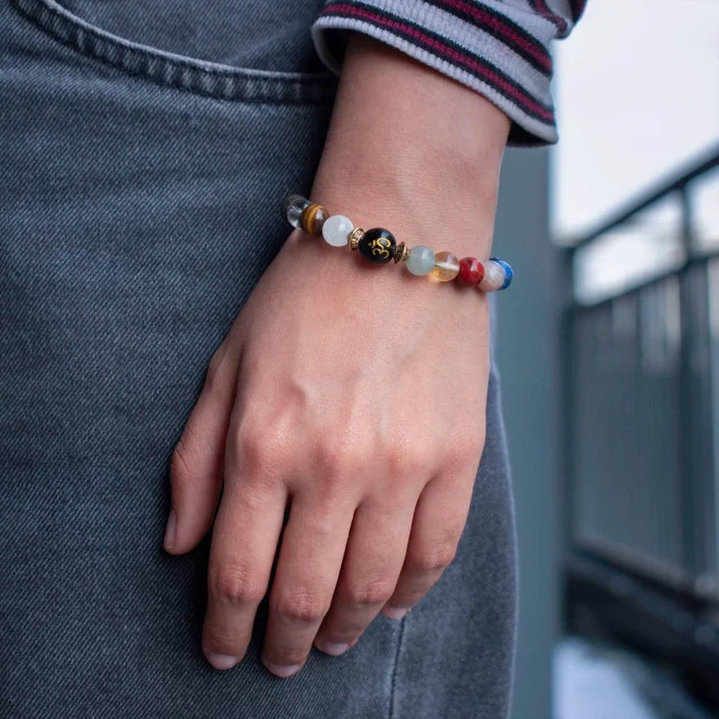 Natural Beads Om Bracelet | Earth-Toned Grounding Energy Wristwear