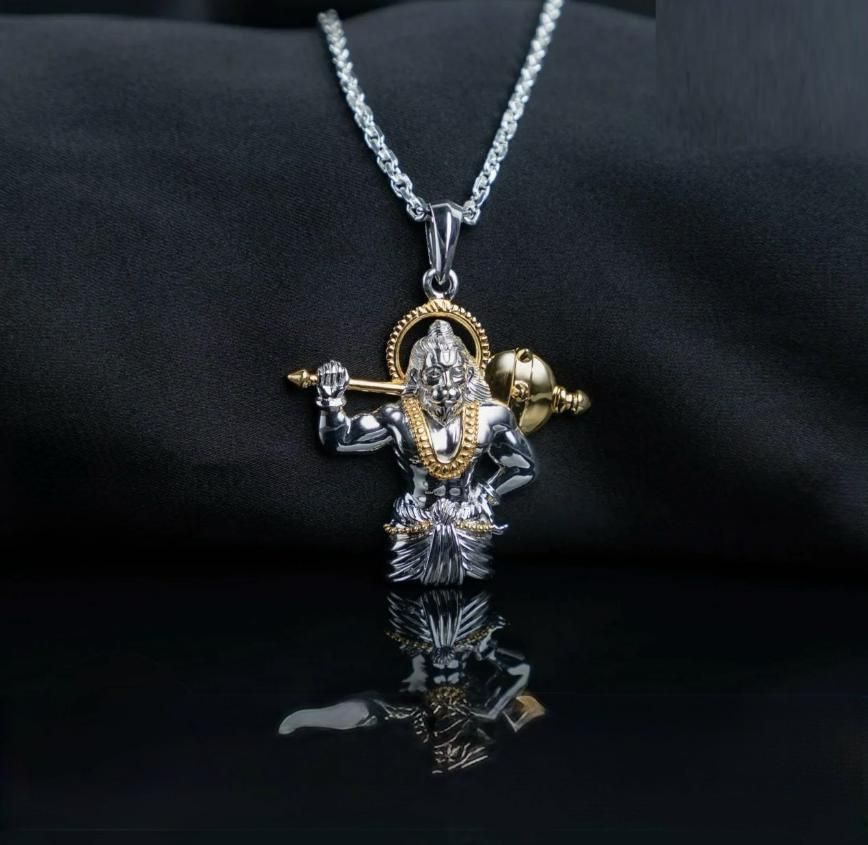 Jai Hanuman Gold-Silver Pendant with Chain | Dual-Tone Power & Protection Pendant