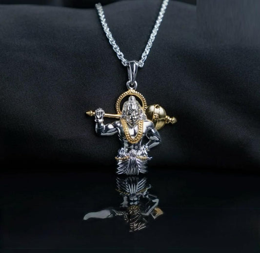 Jai Hanuman Gold-Silver Pendant with Chain | Dual-Tone Power & Protection Pendant